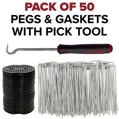 Pack of 50 weed matting hold down pegs with 50 buffer plates+removal tool