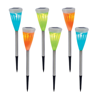 Pack of 6, 3 Way Solar Stake Lights, Colour Changing LED, Stainless Steel, Ground, Table or Hanging Use
