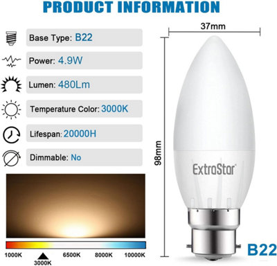 Pack of 6 B22 Non-Dimmable LED Bayonet Cap Candle Bulbs C37 Light Bulb ...