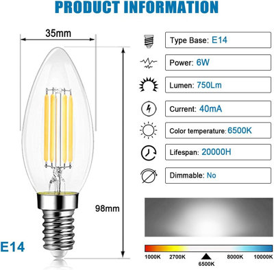 Pack of 6 E14 LED Non-dimmable Filament Candle Bulbs 6W, Cool White ...