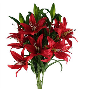 Pack of 6 x 100cm Large Red Lily Stem - 3 Flowers