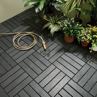 Pack of 8 Grey Plastic Garden Tiles, Quick-Click Interlocking, Weather-Resistant, Drainage System, 30cm x 30cm