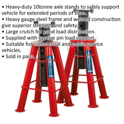 PAIR 10 Tonne Axle Stands - Heavy Duty Steel Frame - 562 to 775mm - Large Crutch