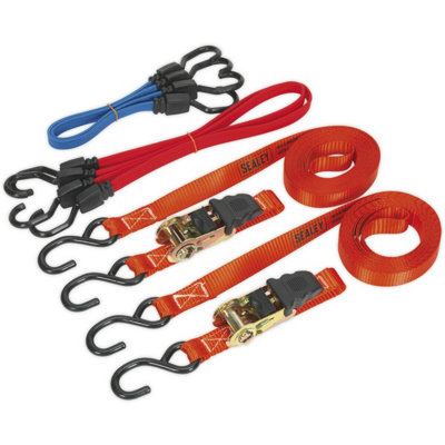 PAIR 25mm x 5m 800KG Poly Ratchet Tie Down Straps Set & Bungee Cords - S Hooks