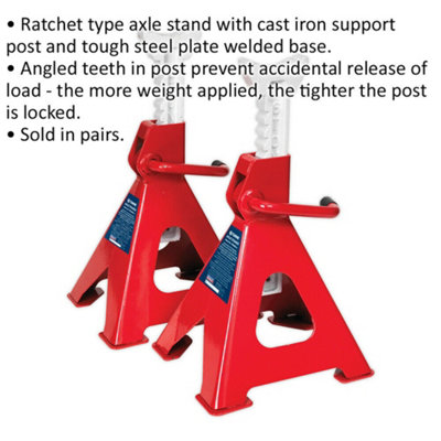 PAIR 6 Tonne Ratchet Type Axle Stands - 385mm to 600mm Working Height - 12 Tonne