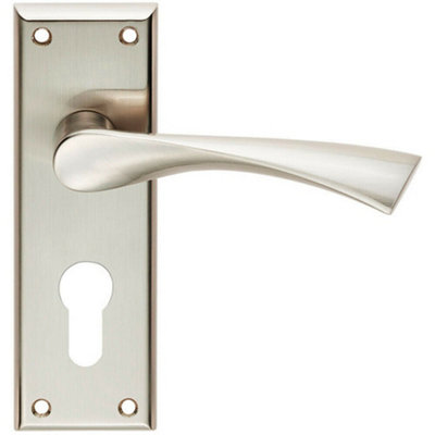PAIR Angular Lever on Euro Lock Backplate Handle 150 x 50mm Satin Nickel