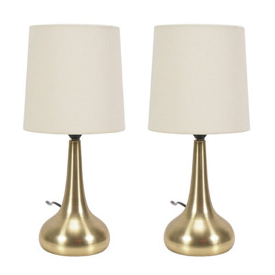 Pair - Brushed Gold Teardrop Touch Dimmer Table Lamps with Cream Shade for Bedside Table Bedroom Light - LED Bulbs Included