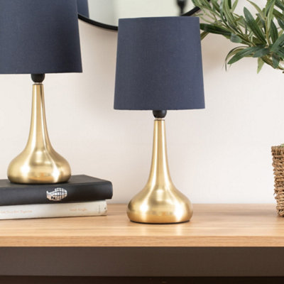 Pair Brushed Gold Teardrop Touch Dimmer Table Lamps with Navy Blue Shade Bedside Light