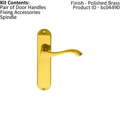 PAIR Curved Handle on Chamfered Latch Backplate 180 x 40mm Polished Brass