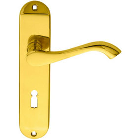 PAIR Curved Handle on Chamfered Lock Backplate 180 x 40mm Polished Brass