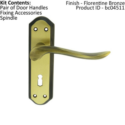 PAIR Curved Handle on Sculpted Lock Backplate 180 x 48mm Florentine Bronze