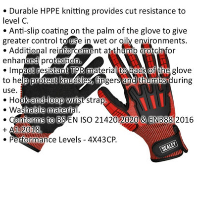 PAIR Cut & Impact Resistant Gloves - Large - Hook & Loop Wrist Strap - Washable