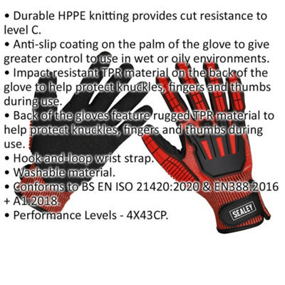 PAIR Cut & Impact Resistant Gloves - XL - Hook & Loop Wrist Strap - Washable
