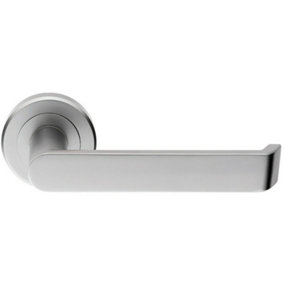 PAIR Flat Faced Lever on Round Rose Chamfered Edge Concealed Fix Satin Chrome