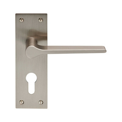 PAIR Flat Straight Lever on Slim Euro Lock Backplate 150 x 50mm Satin ...