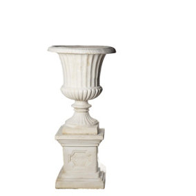 PAIR Giant Fluted White Stone Cast Vases On Plinths 154cm tall