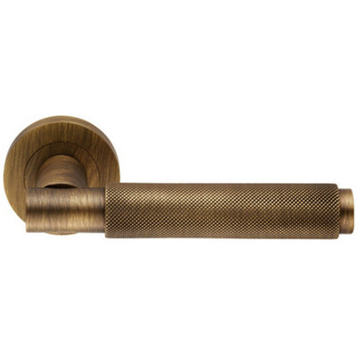 PAIR Knurled Grip Round Bar Handle on Round Rose Concealed Fix Antique Brass