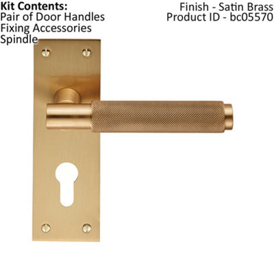 PAIR Knurled Round Handle on Slim Euro Lock Backplate 150 x 50mm Satin ...