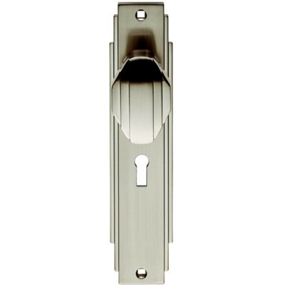 PAIR Line Detailed Door Knob on Lock Backplate 205 x 45mm Satin Nickel