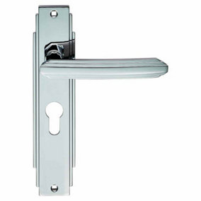 PAIR Line Detailed Handle on Euro Lock Backplate 205 x 45mm Polished Chrome