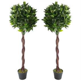 Pair of 120cm (4ft) Twisted Trunk Artificial Topiary Bay Laurel Ball Trees
