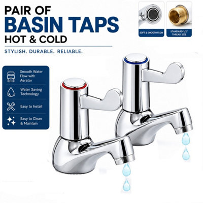 Pair of 2 Bathroom Basin Taps Sink Tap with Ceramic Chrome Lever Brass Pillar for Hot and Cold Water, Pair of Bathroom Sink Mode