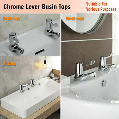 Pair of 2 Bathroom Basin Taps Sink Tap with Ceramic Chrome Lever Brass Pillar for Hot and Cold Water, Pair of Bathroom Sink Mode