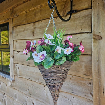 Pair of 30cm 10 Inch Plum & White Pansy Flower with Rattan Wicker Cone Hanging Baskets for Indoor Outdoor Garden Use