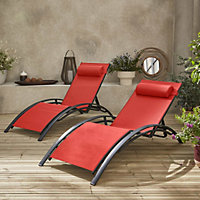 Pair of aluminium and textilene sun loungers 4 reclining positions headrest included stackable - Louisa - Anthracite frame Cor