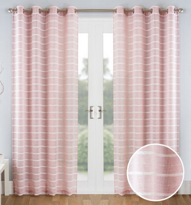 Pair of Antigua Blush Chenille Striped Single Voile Panels with Eyelet Header 137CMS