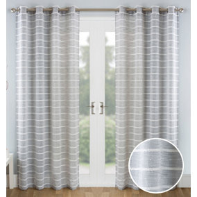 Pair of Antigua Grey Chenille Striped Single Voile Panels with Eyelet Header 183CMS