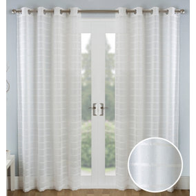 Pair of Antigua Natural Chenille Striped Single Voile Panels with Eyelet Header 183CMS