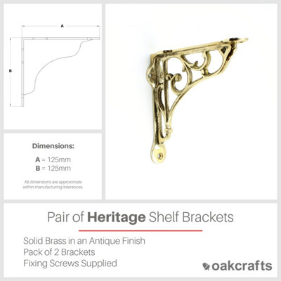 Pair of Antique Brass Heritage Shelf Brackets - 125mm x 125mm - 3