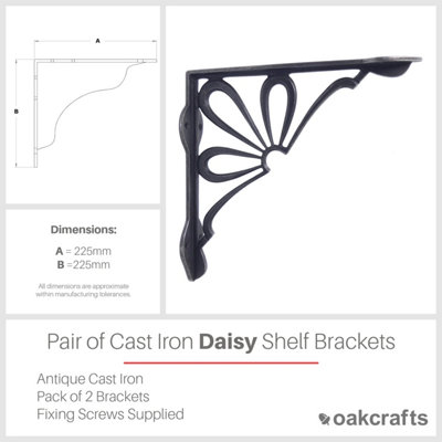 Pair of Antique Cast Iron Daisy Shelf Brackets - 225mm x 225mm - 4
