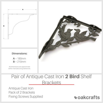 Pair of Antique Cast Iron Decorative 2 Bird Shelf Brackets - 180mm x 210mm