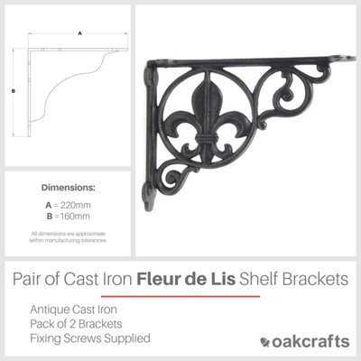 Pair of Antique Cast Iron Fleur De Lis Shelf Brackets - 220mm x 160mm