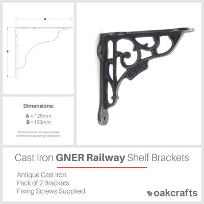 Pair of Antique Cast Iron 'GNER' Railway Victorian Style Shelf Brackets - 125mm x 125mm