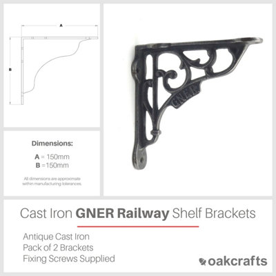 Pair of Antique Cast Iron 'GNER' Railway Victorian Style Shelf Brackets - 150mm x 150mm