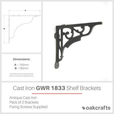 Pair of Antique Cast Iron 'GWR 1833' Shelf Brackets - 180mm x 200mm - 1