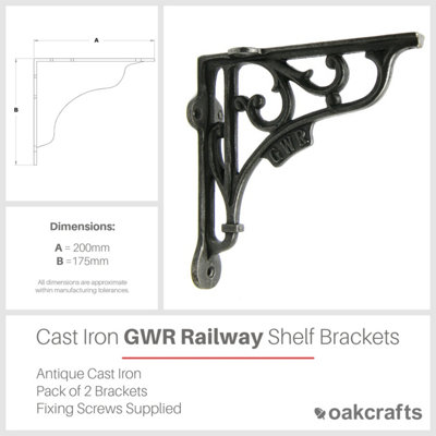 Pair of Antique Cast Iron 'GWR' Railway Shelf Brackets - 200mm x 175mm