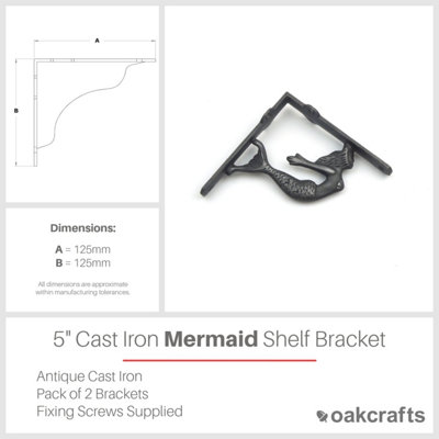 Pair of Antique Cast Iron Mermaid Design Shelf Brackets - 125mm x 125mm