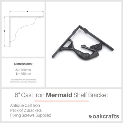 Pair of Antique Cast Iron Mermaid Design Shelf Brackets - 150mm x 150mm