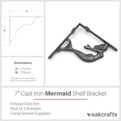 Pair of Antique Cast Iron Mermaid Design Shelf Brackets - 175mm x 175mm