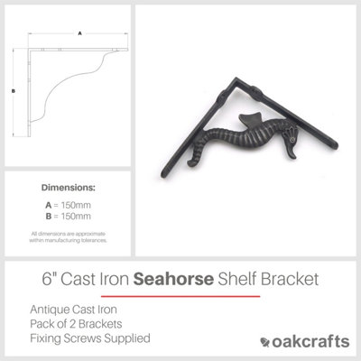 Pair of Antique Cast Iron Seahorse Design Shelf Brackets - 150mm x 150mm