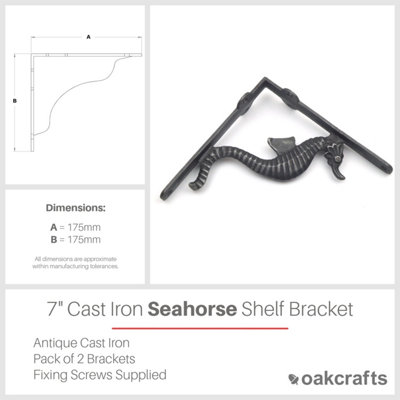 Pair of Antique Cast Iron Seahorse Design Shelf Brackets - 175mm x 175mm
