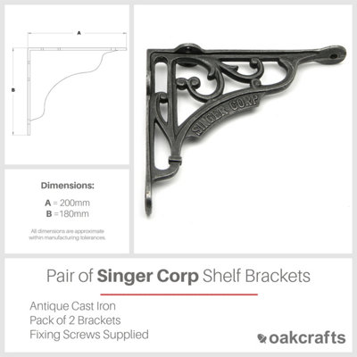 Pair of Antique Cast Iron Singer Corp Shelf Brackets - 180mm x 200mm