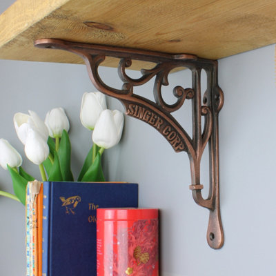 Pair of Antique Cast Iron SINGER Corp Shelf Brackets with a Copper Finish - 200mm x 200mm