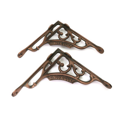Pair of Antique Cast Iron SINGER Corp Shelf Brackets with a Copper Finish - 200mm x 200mm - 4