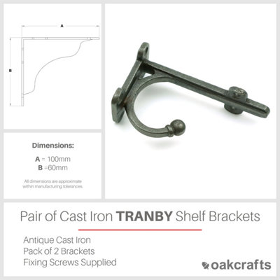 Pair of Antique Cast Iron TRANBY Shelf Brackets With Hook - 100mm