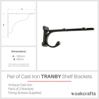 Pair of Antique Cast Iron TRANBY Shelf Brackets With Hook - 200mm